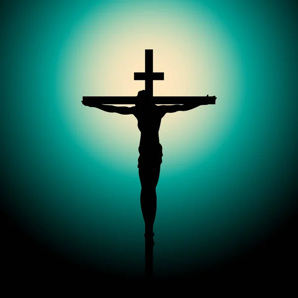 Crucifixión de Jesucristo en la cruz al atardecer. Rayos de Sol.Ilustración vectorial — Vector de stock