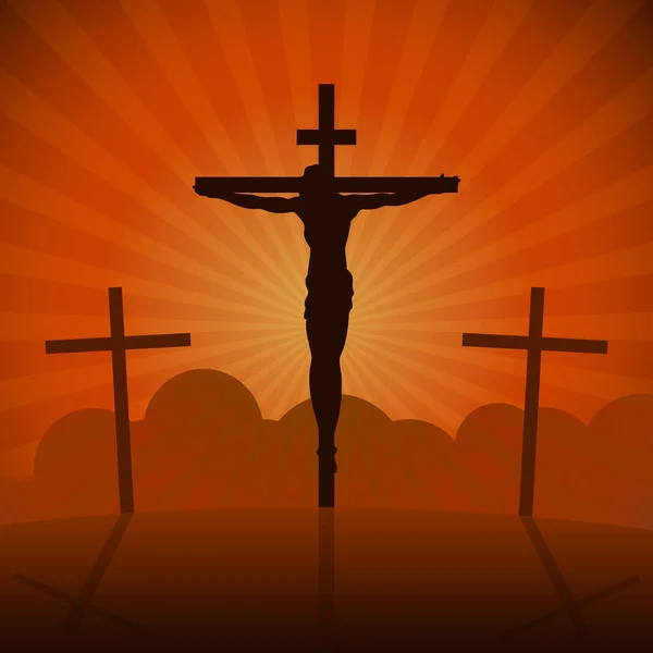 Crucifixion de Jésus-Christ sur la croix au coucher du soleil. Rayons de soleil.Illustration vectorielle — Image vectorielle