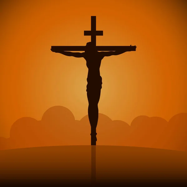 Crucifixión de Jesucristo en la cruz al atardecer. Rayos de Sol.Ilustración vectorial — Archivo Imágenes Vectoriales