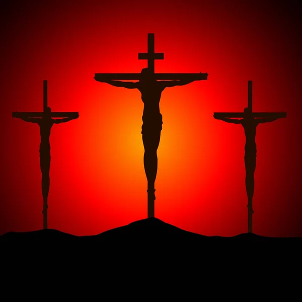 日没時に十字架でのイエス・キリストの十字架刑。サンレイ。ベクトルイラスト — ストックベクタ