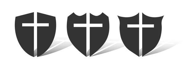Hıristiyan haçı ve inanç kalkanı. Hıristiyan kilisesi vektör logosu. Misyoner ikonu. Dini sembol. Koruma, güvenlik, güvenlik işareti.
