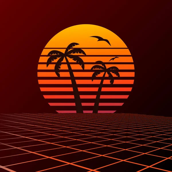Palm tree logo op zonsondergang achtergrond en vliegend vliegtuig. — Stockvector