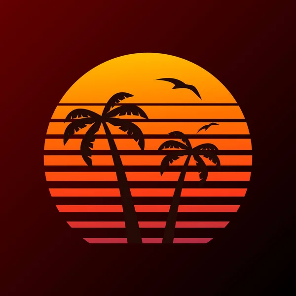 Logo de la palmera en el fondo del atardecer y avión volador . — Archivo Imágenes Vectoriales