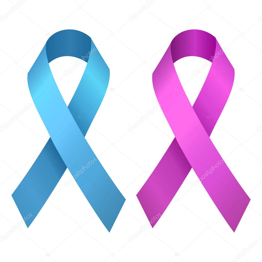 Pink and blue ribbons, breast cancer, prostate cancer, vector illustration on a white background.