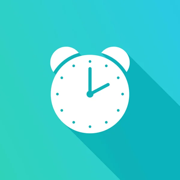 Icono del reloj despertador con sombra larga, sobre fondo azul. Ilustración vectorial. Reloj despertador de diseño plano — Archivo Imágenes Vectoriales