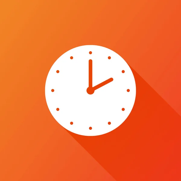 Klockikonen, platt design. Vektorillustration med långa skugga på orange bakgrund — Stock vektor