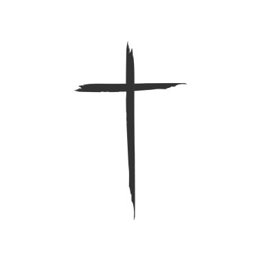 El yapımı siyah grunge haç simgesi, beyaz arkaplanda basit bir Hristiyan haçı işareti