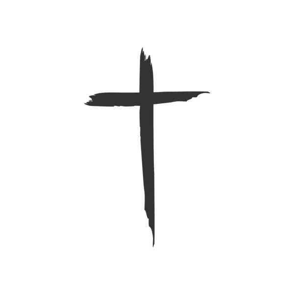 Ікона чорного гранжевого хреста ручної роботи, простий християнський знак хреста на білому тлі — стоковий вектор
