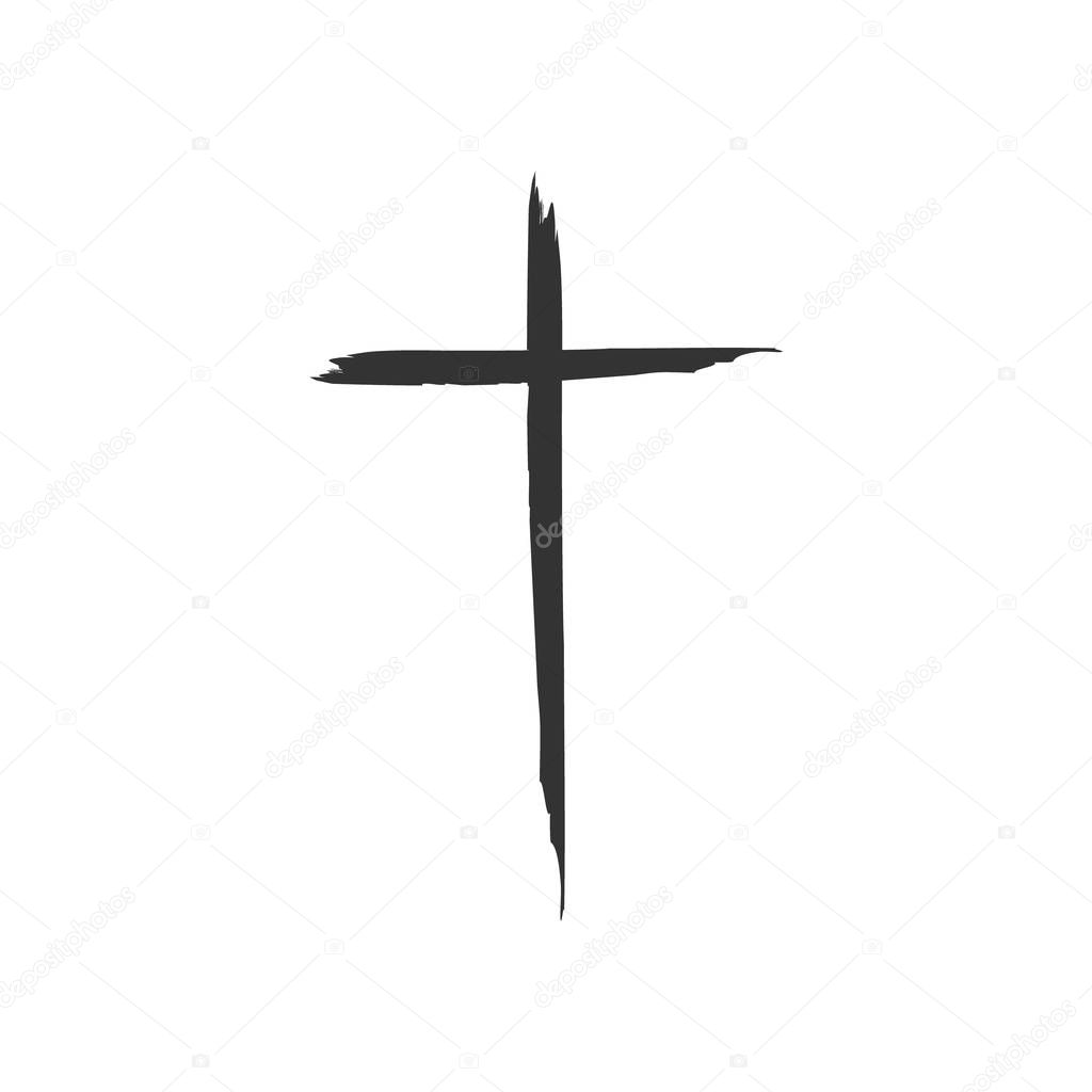 Handmade black grunge cross icon, simple christian cross sign on a white background