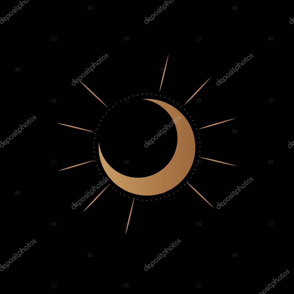 Sun and moon logo. Astronomical icon. Astrological symbol. Black and gold lines art isolated. Tattoo design. Alchemy sign. Vector illustration.