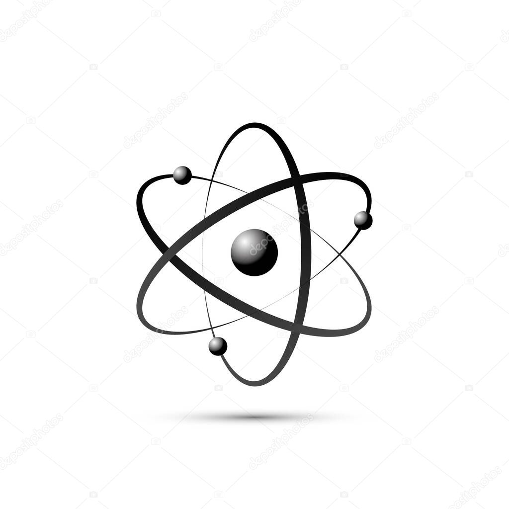 Atom icon in flat design. Gray molecule symbol or atom symbol isolated. Vector illustration.