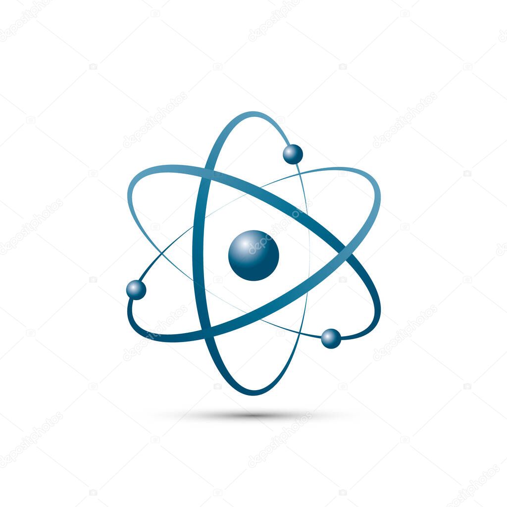 Atom icon in flat design. Blue molecule symbol or atom symbol isolated. Vector illustration.