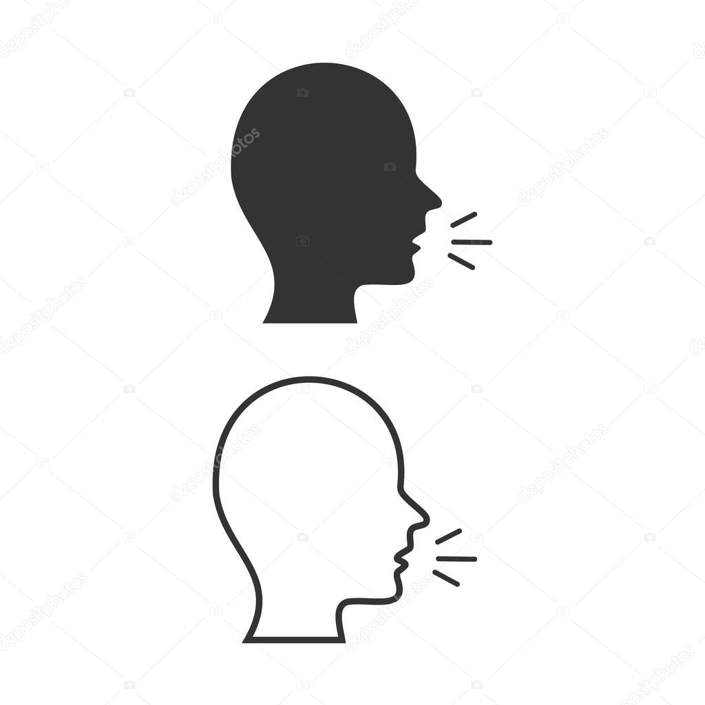 Speaking icons. Talk or talking person sign, man with open mouth, speech icon for interview, interact and talks controls, vector illustration.