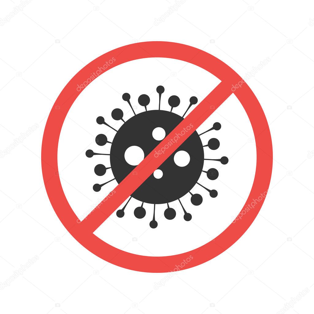 Forbidden sign with virus particle glyph icon. Stop silhouette symbol. Antiviral immunity. Negative space. Vector isolated illustration