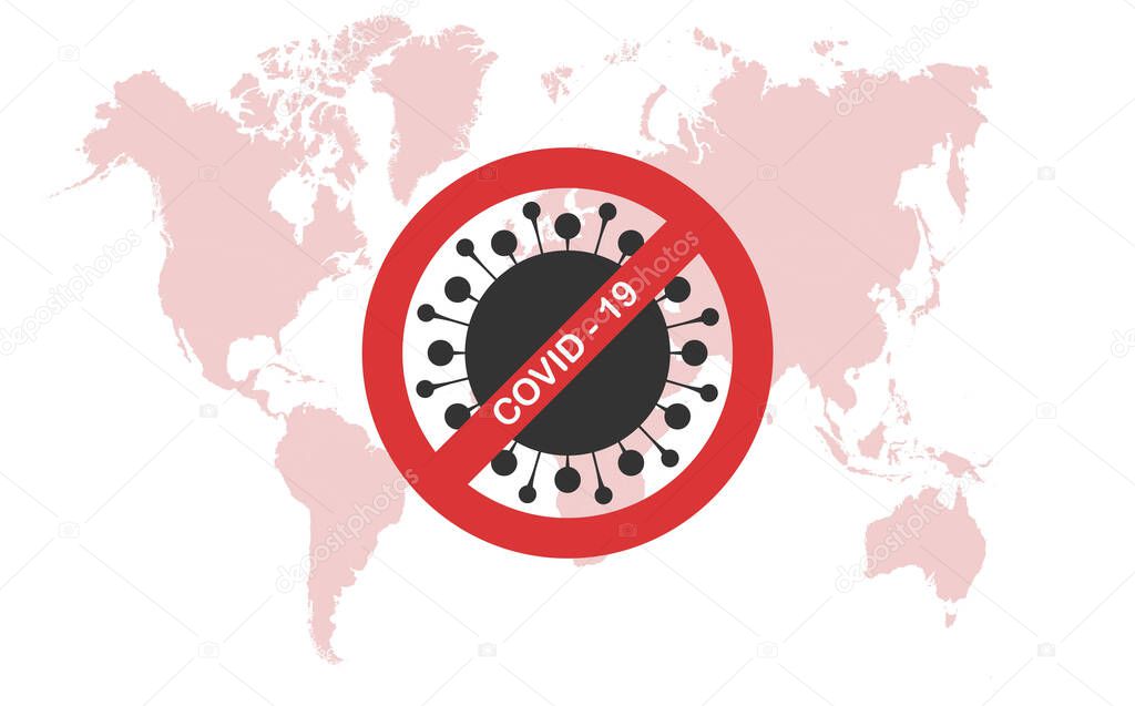 Stop COVID-19 concept red world map with stop covid-19 sign vector illustration. COVID-19 prevention design background.