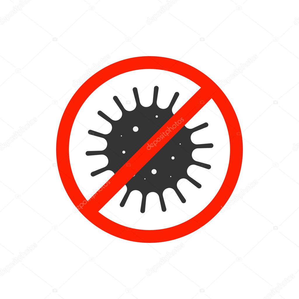 Coronavirus icon. COVID-19 icon. Stop COVID-19. Stop coronavirus. Coronavirus icon crossed out in a red stop sign. Pandemic. Vector illustration isolated on white background. Stock illustration