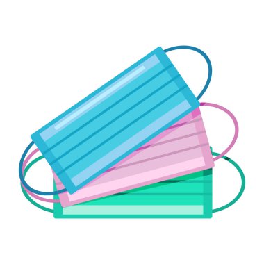 Beyaz arka planda çok renkli tıbbi koruyucu bandaj var. Koronavirüsü durdurun. Vektör illüstrasyonu.