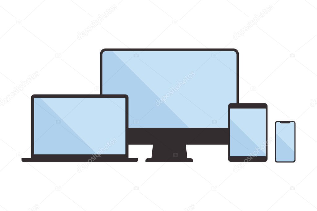 Device icons: smart phone, tablet, laptop and desktop computer. Vector illustration of responsive web design.