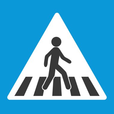Yol işareti, yaya geçidi, zebra. Mavi üçgen yol işareti. Beyaz arkaplanda izole edilmiş vektör illüstrasyon düz tasarım ögesi