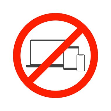 Cep telefonları, tabletler ve dizüstü bilgisayarlar yasaktır. Teknoloji kullanmayın. Beyaz arka planda Inokni. Vektör illüstrasyonu.