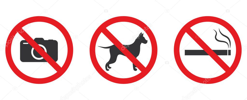 Set of prohibition characters. Do not smoke, not a photo, not a dog. Vector illustration on a white background