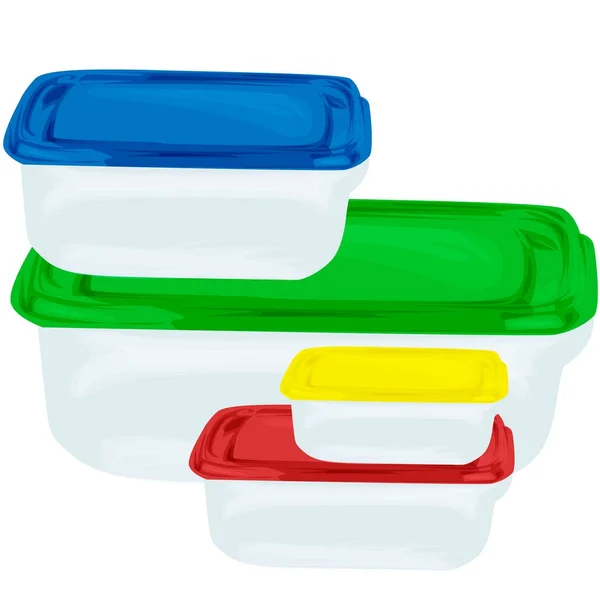 Grüne und blaue Plastikbehälter für Lebensmittel, isoliert auf weißem Hintergrund. Lunchbox. — Stockvektor