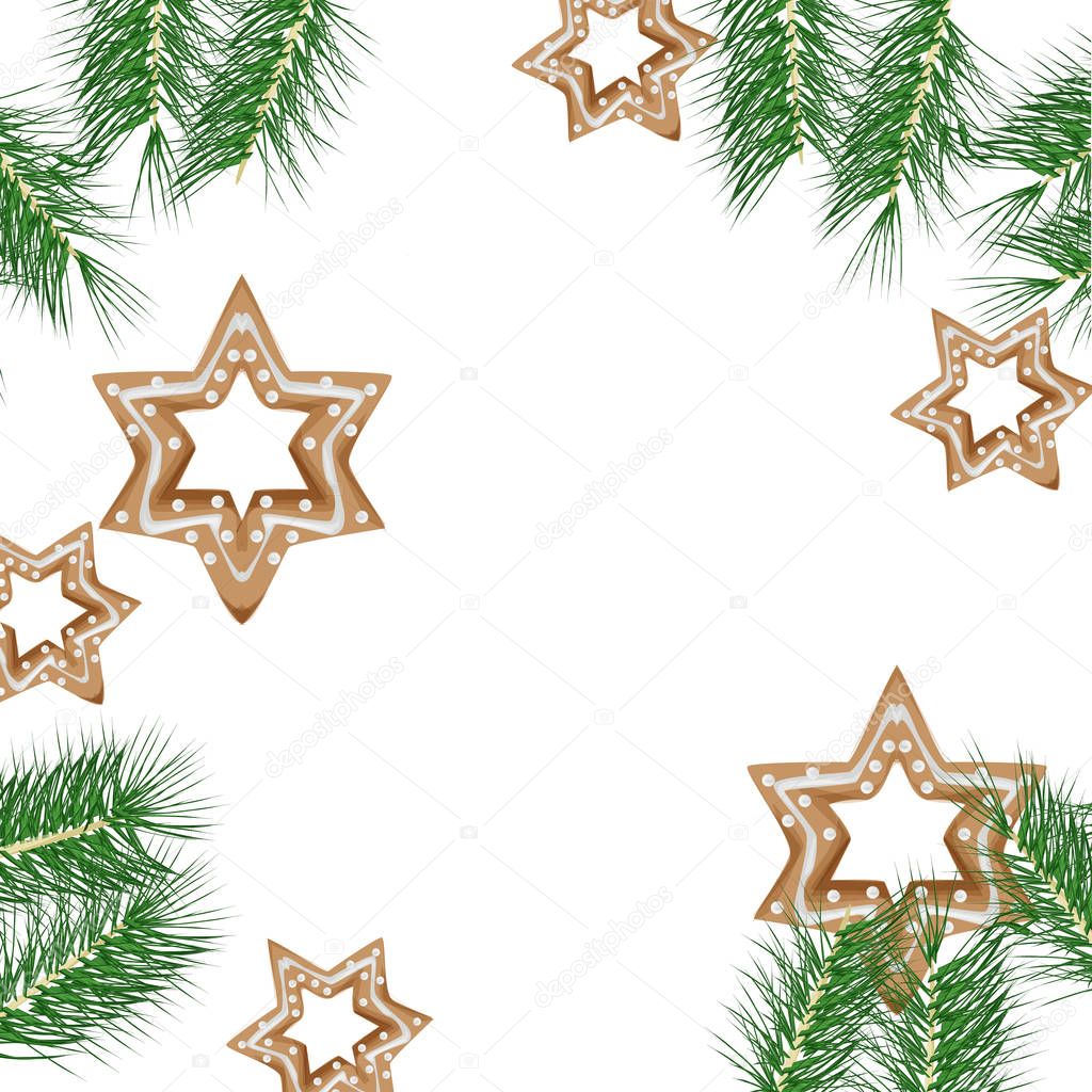 Christmas background in cartoon style with cookies and christmas trees