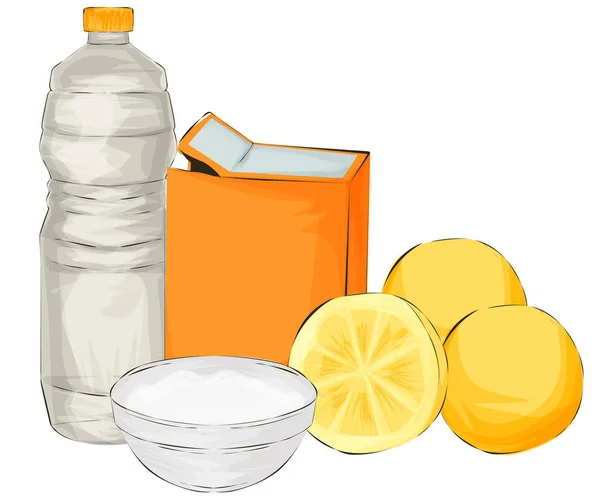 Ilustração vetorial. Produtos de limpeza naturais são vinagre, bicarbonato de sódio, limão - produtos de limpeza naturais — Vetor de Stock