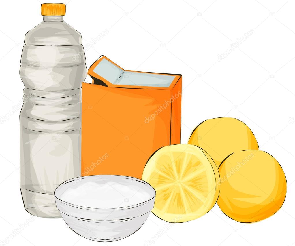 Vector illustration. Natural cleaning products are vinegar, baking soda, lemon - natural cleaning products