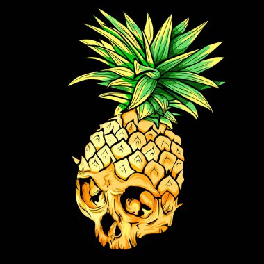 Vektör kafatası ananas. Egzotik tropikal meyveler. Eskiz, baskı. Pop art. Posterler için mükemmel.