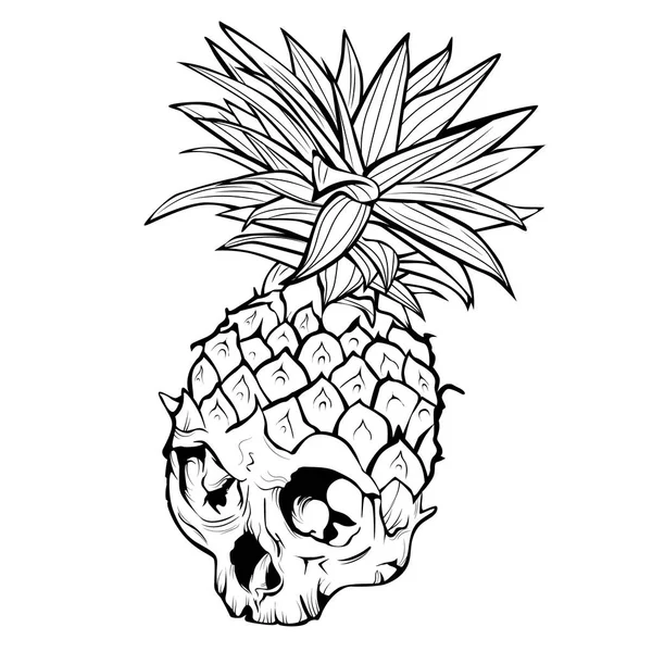 Vector Outline Skull Pineapple Countour Exotic Tropical Fruit Sketch Print — Stock Vector