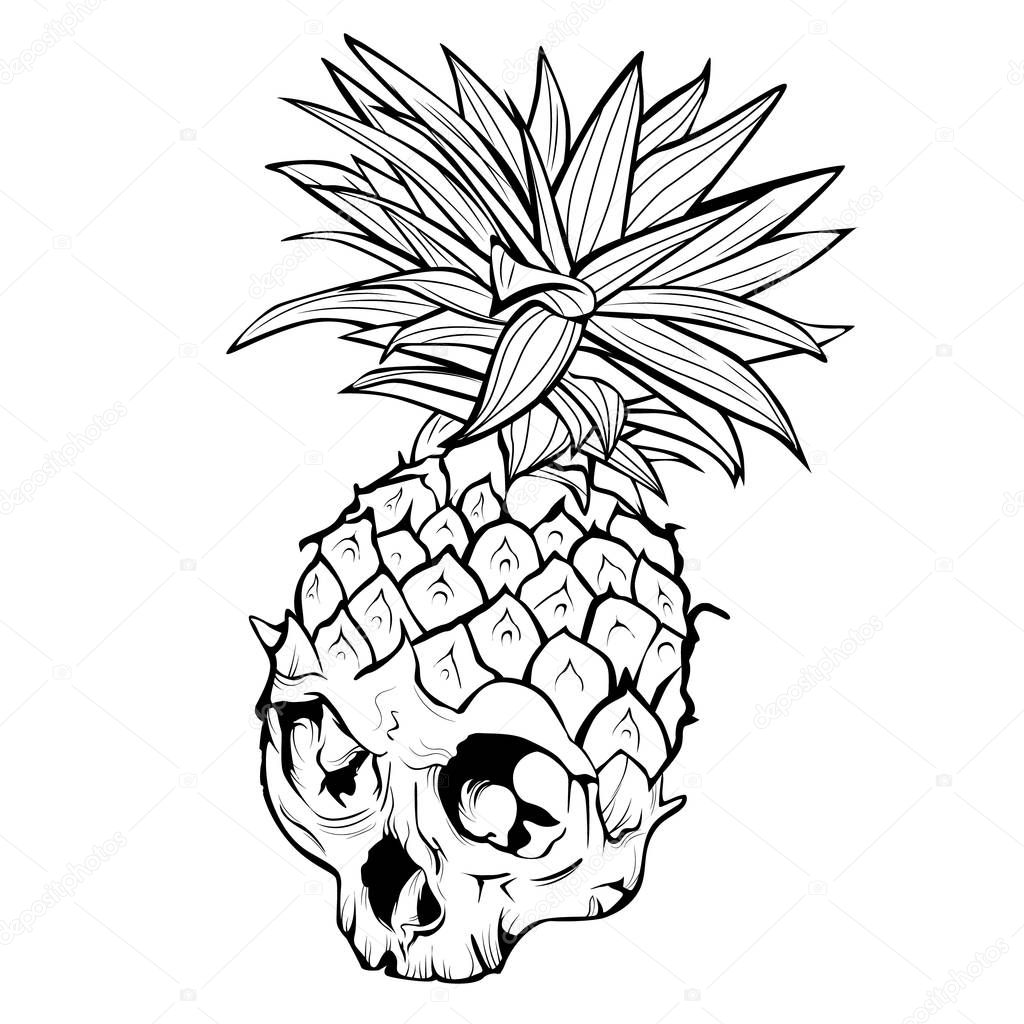 Vector outline skull pineapple. Countour of Exotic tropical fruit. Sketch,print. Pop art. Perfect for posters.