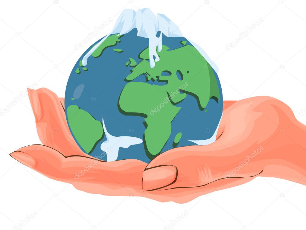 Happy Earth Day. Hand drawn vector cartoon illustration. Hands holding earth ball. For ecology poster. Cataclisms.