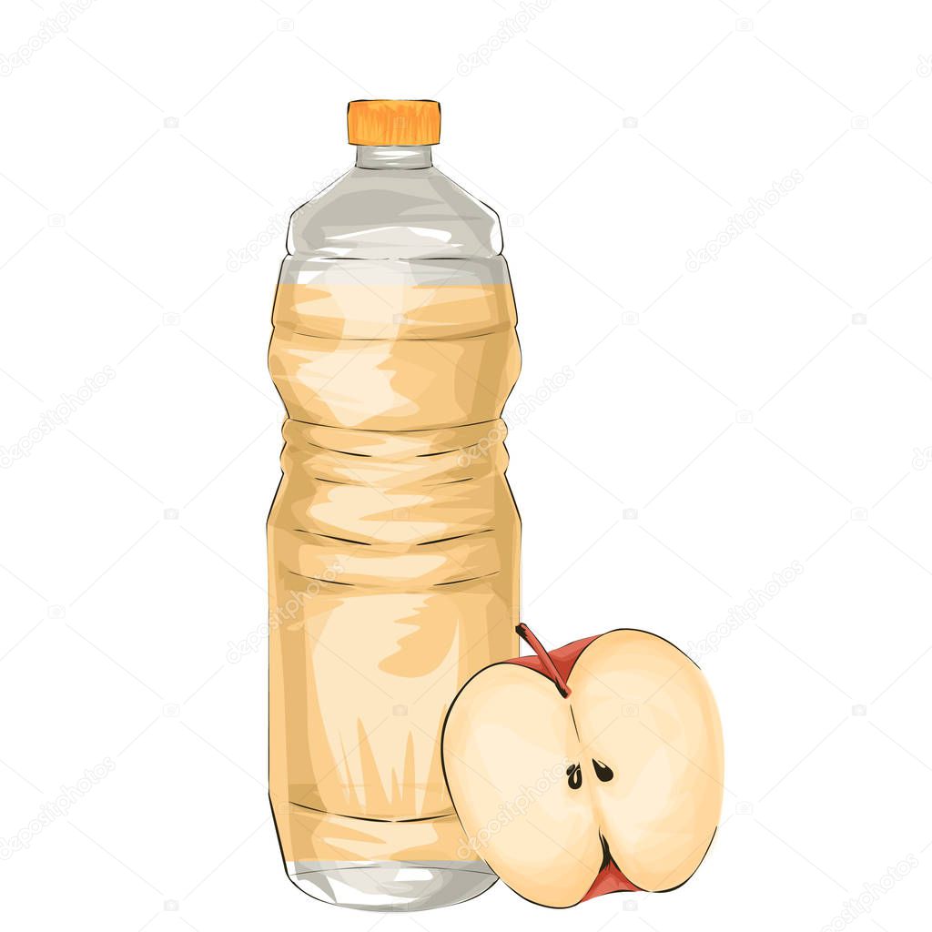 Green apple and bottle of vinegar. Vector illustration cartoon, isolated on white.