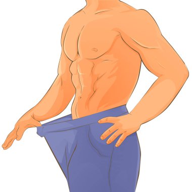 Bir adam pantolonunu açar ve onun külot içine bakar, büyük genital organları ile pompalanmış bir adam, bir reklam illüstrasyon