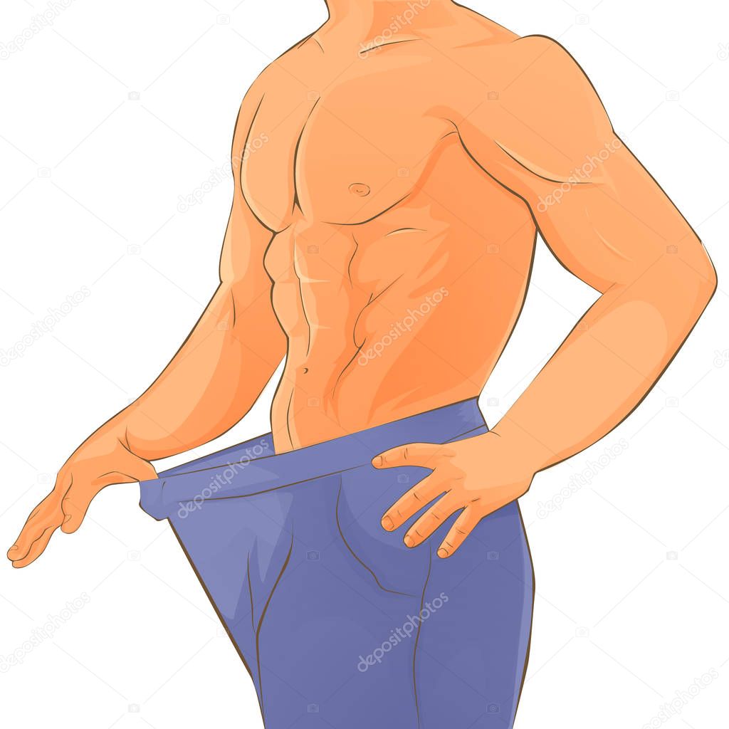 A man opens his pants and looks into his panties, a pumped up guy with large genital organs, an advertising illustration