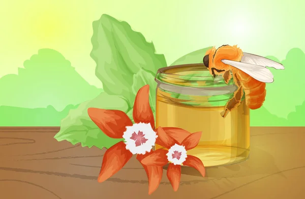 Miel Floral Natural Colorido Con Panales Flores Margaritas Abejas Miel — Vector de stock