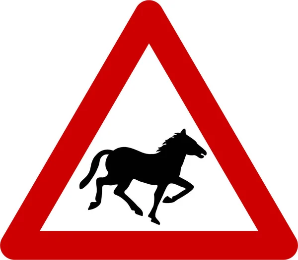 Sinal de aviso com cavalos na estrada — Fotografia de Stock