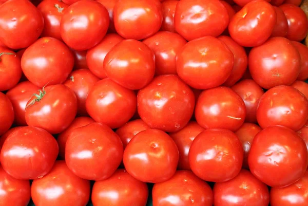 Mnoho šťavnatá rajčata na prodej ve stánku v tržnici — Stock fotografie