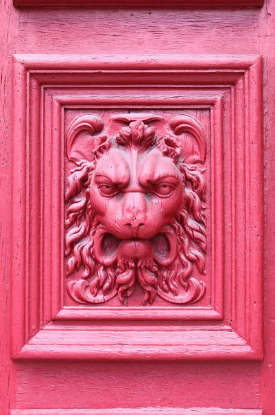 Tête de lion gravée sur une porte en bois — Photo