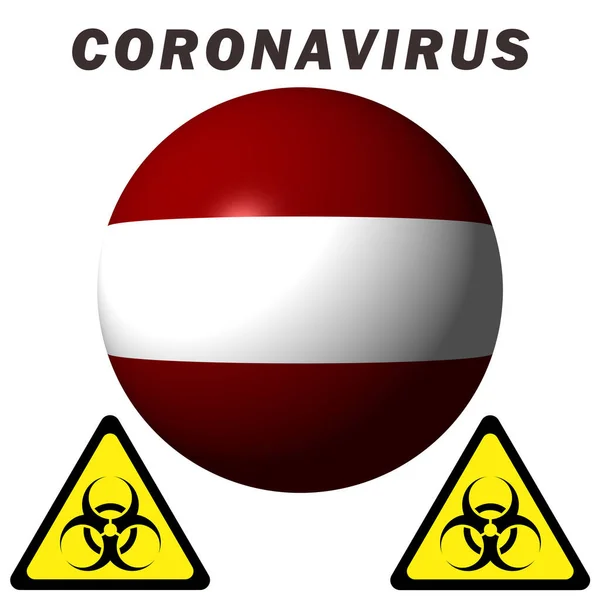 ラトビアの旗にコロナウイルスの危険標識 — ストック写真