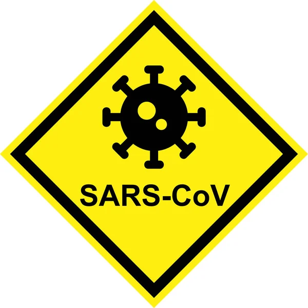 Sárga Figyelmeztető Jelzés Vírusszimbólummal Sars Cov Szöveggel — Stock Fotó