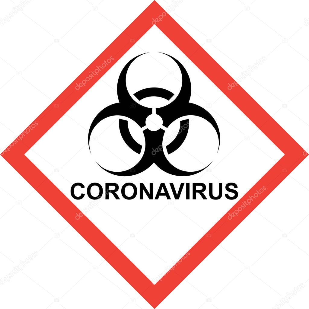 Red hazard sign with biohazard symbol and CORONAVIRUS text