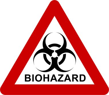 Biyolojik tehlike sembolü ve BIOHAZARD metni içeren uyarı işareti