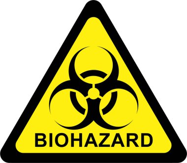 Biyolojik tehlike sembolü ve BIOHAZARD metni içeren uyarı işareti