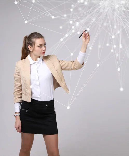 Concepto futurista de red mundial o conexión inalámbrica a Internet. Mujer trabajando con puntos vinculados . —  Fotos de Stock