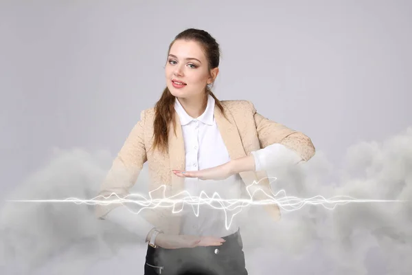 Woman making magic effect - flash lightning. The concept of electricity, high energy. — Stock Photo, Image