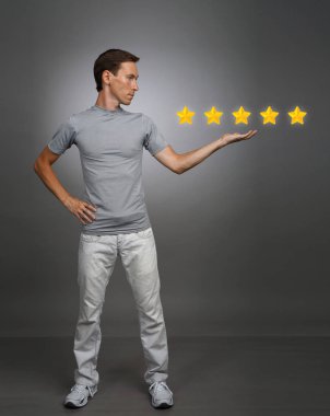 Five star rating or ranking, benchmarking concept. Man assesses service, hotel, restaurant clipart
