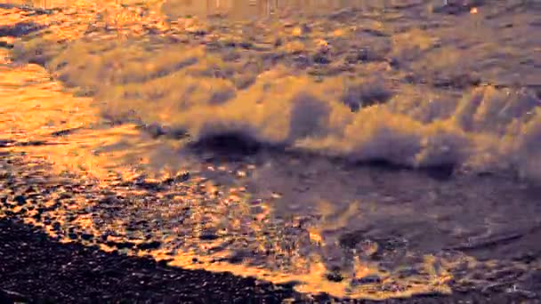 Fale morskie myje kamienistej plaży o zachodzie słońca. — Wideo stockowe
