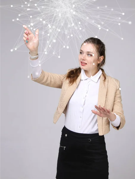 Worldwide network or wireless internet connection futuristic concept. Woman working with linked dots. — Stock Photo, Image